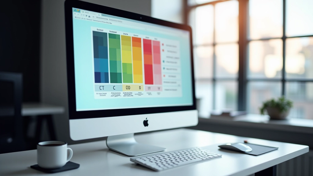Ecrã de computador mostrando paleta de cores com códigos hexadecimais e valores RGB organizados sistematicamente